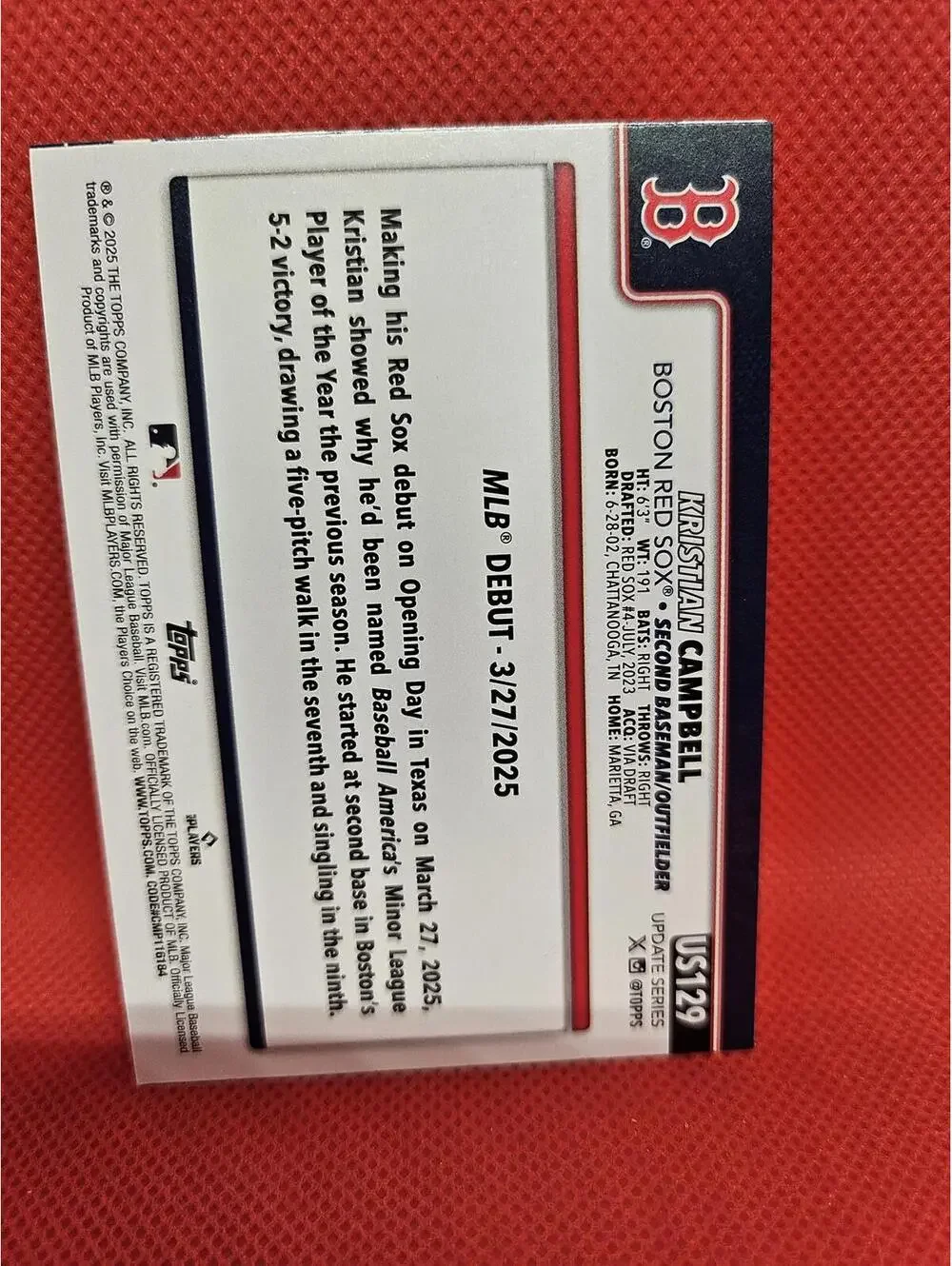 Kristian Campbell (RC)  2025 Topps Update Rookie  #US129 - Red Sox - RAW Mint